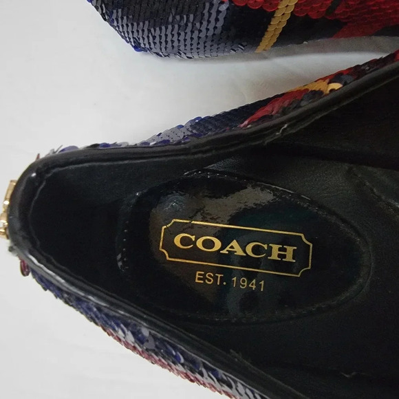 COACH Debrorah Tartan Sequin Flats Red, Gold, Black Size 6 - Picture 3 of 5